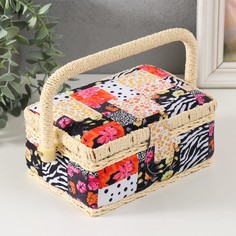 Шкатулка для рукоделия Пэчворк. Цветы, горох и зебра 18х12х9,5 см No Brand