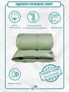 Одеяло пуховое ISTOK Элит, зимнее, гусиный пух 100%, 180x200 см
