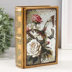 Шкатулка-книга металл, кожзам Бабочка и розы с зеркалом 17х12х5 см No Brand