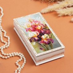 Шкатулка Ирисы и бабочка, белая, 11 x 22 см, лаковая миниатюра No Brand