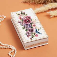 Шкатулка Цветы и птица, белая, 11 x 22 см, лаковая миниатюра No Brand