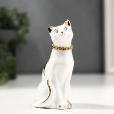 Статуэтка Белая кошечка с ожерельем 5182160, керамика, с золотом, стразы 9,5 см No Brand