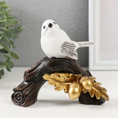 Сувенир Белая птичка на ветке с золотыми желудями, полистоун, размер 14,5х7х13 см No Brand