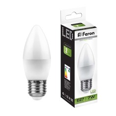 Лампа светодиодная FERON, Свеча, Е27, 7 Вт, 4000 К
