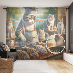 Тюль Evrika Home сетка JoyArty Кошачье барбекю 290x265, tul_429881_145x265
