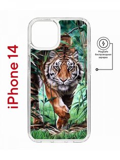 Чехол на iPhone 14 MagSafe Kruche Print Крадущийся тигр противоударный с магнитом КruЧЕ