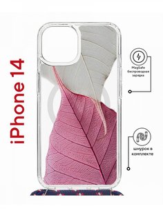 Чехол на iPhone 14 MagSafe с принтом Kruche Print Pink and white с магнитом, со шнурком КruЧЕ