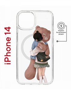 Чехол на iPhone 14 MagSafe Kruche Print Девочка с мишкой противоударный с магнитом КruЧЕ