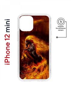 Чехол на iPhone 12 mini MagSafe Kruche Print Конь огонь противоударный с магнитом КruЧЕ