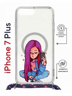 Чехол на iPhone 7 Plus/ 8 Plus MagSafe Kruche Print Pink Hair с магнитом, со шнурком КruЧЕ