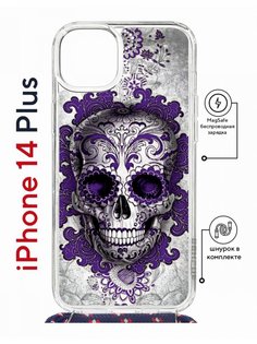 Чехол на iPhone 14 Plus MagSafe с принтом Kruche Print Sugar Skull с магнитом, со шнурком КruЧЕ