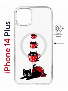 Чехол на iPhone 14 Plus MagSafe Kruche Print Котенок в чашке противоударный с магнитом КruЧЕ