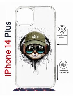 Чехол на iPhone 14 Plus MagSafe Kruche Print Кот в наушниках с магнитом, со шнурком КruЧЕ