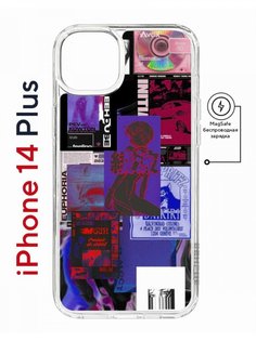 Чехол на iPhone 14 Plus MagSafe Kruche Print Стикеры Киберпанк противоударный с магнитом КruЧЕ