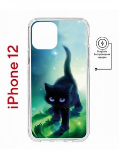 Чехол на iPhone 12/12 Pro MagSafe с принтом Kruche Print Черный кот с магнитом КruЧЕ