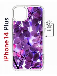 Чехол на iPhone 14 Plus MagSafe Kruche Print Purple leaves противоударный с магнитом КruЧЕ