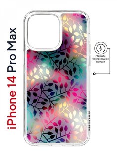 Чехол на iPhone 14 Pro Max MagSafe Kruche Print Цветные листья противоударный с магнитом КruЧЕ