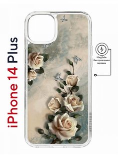 Чехол на iPhone 14 Plus MagSafe Kruche Print Белые розы противоударный с магнитом КruЧЕ