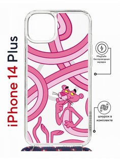 Чехол на iPhone 14 Plus MagSafe Kruche Print Розовая Пантера с магнитом, со шнурком КruЧЕ