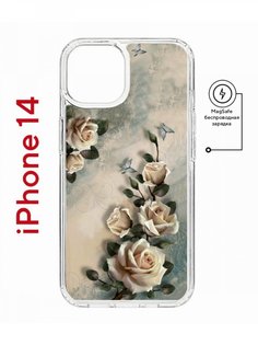 Чехол на iPhone 14 MagSafe с принтом Kruche Print Белые розы противоударный с магнитом КruЧЕ
