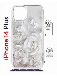 Чехол на iPhone 14 Plus MagSafe с принтом Kruche Print White roses с магнитом, со шнурком КruЧЕ