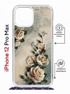 Чехол на iPhone 12 Pro Max MagSafe Kruche Print Белая роза с магнитом, со шнурком КruЧЕ