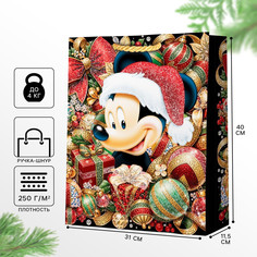 Пакет подарочный новогодний, 31 х 40 х 11.5 см, упаковка, микки маус Disney