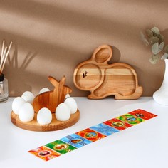 Пасхальный набор adelica, менажница деревянная заяц, подставка для яиц 8 ячеек, d=20×1,8 см, термонаклейки 7 шт, береза