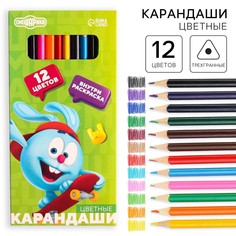 Карандаши цветные 12 цветов, заточенные, картонная упаковка, европодвес, смешарики