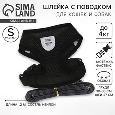 Шлейка дышащая с поводком и светоотражающей нашивкой, s, ош 27, ог 30-38, черная Пушистое счастье