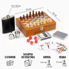 Набор 6 в 1: фляжка 8 oz, рюмка, воронка, кубики 5 шт, карты, шахматы, 18 х 24 см No Brand