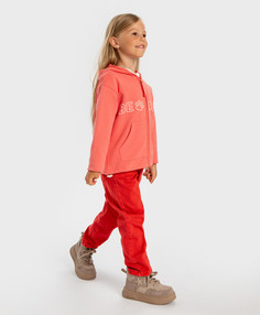 Джинсы Mom fit с поясом на резинке и накладными карманами коралловые для девочки Button Blue (110)
