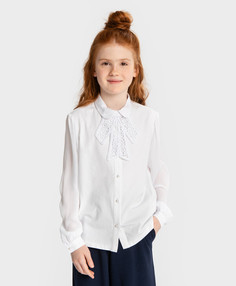 Блузка комбинированная со съемным бантом бежевая Button Blue