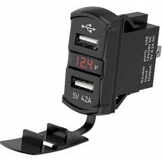 Разъём USB в авто врезной / Розетка USB в прикуриватель с вольтметром / Адаптер разъема прикуривателя RECXON UFC-07, красная подсветка