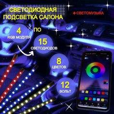 Светодиодная автомобильная подсветка салона в авто, машину, ног, RGB лента, управление с телефона, цветомузыка, 60 диодов Нет бренда