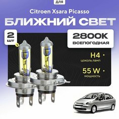 Всепогодные галогеновые лампочки 2800К H4 2шт для Citroen Xsara Picasso. Комплект галогена в ближний свет для для Ситроен зара пикассо Va24 Ru