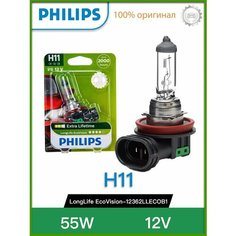 Лампа автомобильная H11 12V-55W (PGJ19-2) (блистер 1шт.) LongLife EcoVision - 12362LLECOB1 Philips