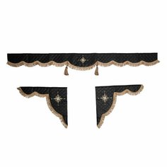 Шторка универсальная Роза Ветров для грузовиков (7-25 тонн). Комплект ламбрекен с косынками. Шторки солнцезащитные на лобое и боковые двери. Черный цвет с коричневыми кистями Truckstyle