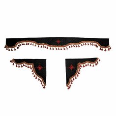 Шторка универсальная Роза Ветров для грузовиков (7-25 тонн). Комплект ламбрекен с косынками. Шторки солнцезащитные на лобое и боковые двери. Черный цвет с красными кистями Truckstyle