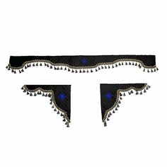 Шторка универсальная Роза Ветров для грузовиков (7-25 тонн). Комплект ламбрекен с косынками. Шторки солнцезащитные на лобое и боковые двери. Черный цвет с синими кистями Truckstyle