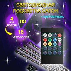 Светодиодная автомобильная подсветка салона с ИК-пультом и цветомузыкой на 60 диодов Нет бренда