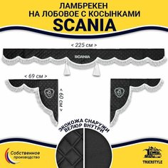 Шторка автомобильная SCANIA для грузовиков. Комплект ламбрекен с косынками. Шторки солнцезащитные на лобое и боковые двери. Черный цвет с белыми кистями (лапша) Truck Style Truckstyle