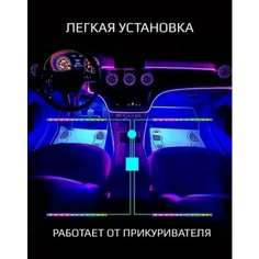 Подсветка в салон автомобиля светодиодная. Лента ночник LED с пультом ДУ и светомузыкой через прикуриватель. Свет для ног и педалей. Loloki