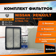 Комплект фильтров для ТО NISSAN Qashqai J11, NISSAN X-Trail T32, Renault Koleos (фильтр масляный, воздушный, салонный + прокладка сливной пробки) NAC