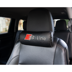 Автомобильная подушка-валик на подголовник экокожа Black c вышивкой AUDI S Line Vital Technologies