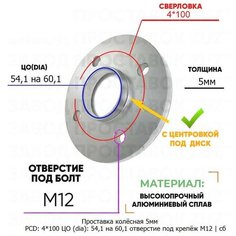 Проставка колёсная 1 шт 5мм 4*100 ЦО 54,1 на 60,1 отверстие под крепёж М12 ступичная с бортиком для дисков 1 шт на ступицу 4x100 4х100 Завод проставок ZUZ