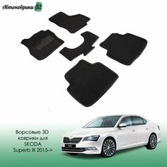 Ворсовые коврики с бортиком Skoda Superb III 2015- черные / Шкода Суперб с 2015 года Sei Ntex