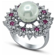 Кольцо Silver WINGS, серебро, 925 проба, жемчуг имитация, фианит, размер 18 мм.,16.5 мм.