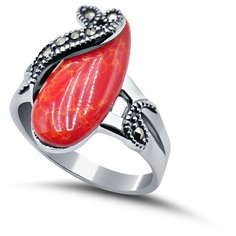 Кольцо Silver WINGS, серебро, 925 проба, марказит, коралл, размер 18 мм.
