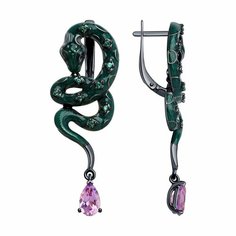Серьги Diamant online, серебро, 925 проба, чернение, фианит, эмаль, аметист, длина 4.7 см, , фиолетовый/зеленый